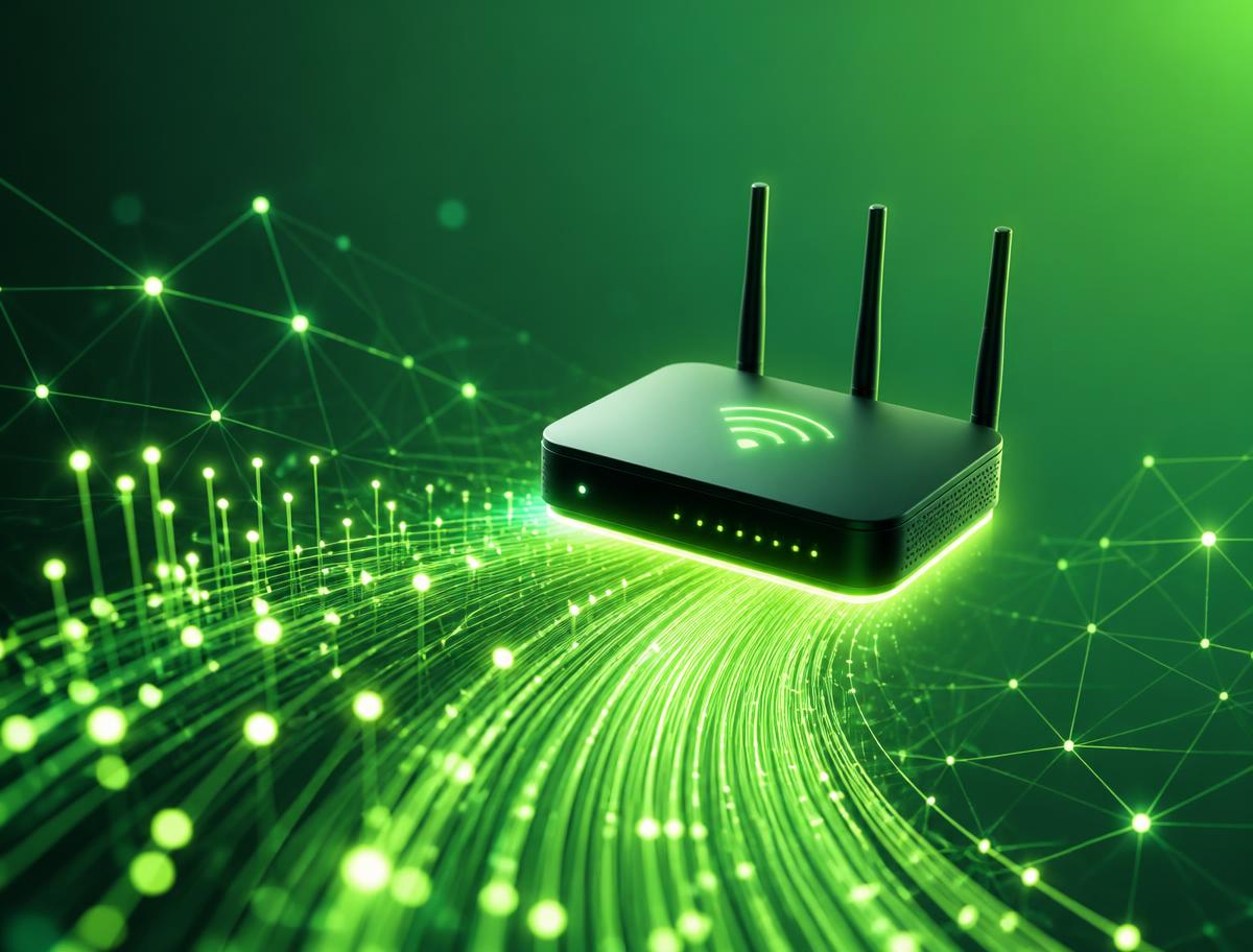 Roteador Wi-Fi conectado a fibras ópticas verdes iluminadas